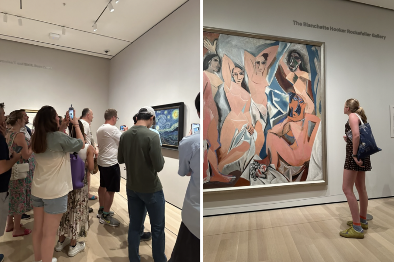 The crowd gathered around The Starry Night versus Emeline investigating Les Demoiselles d'Avignon.