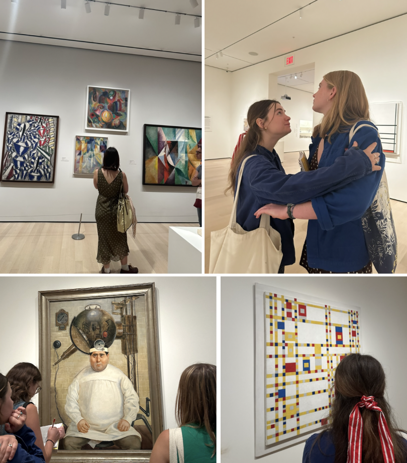 Sara in the Cubism/Cubo-Futurism room, Kiki and Emeline in the Mondrian room, an Otto Dix, and Kiki with the class favorite "Broadway Boogie Woogie" 