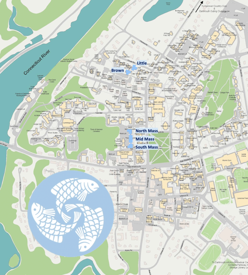 School dorms highlighted on a campus map