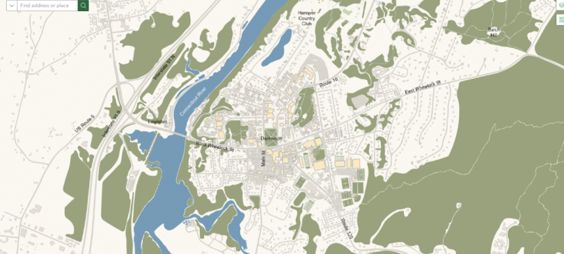  A screenshot from Dartmouth's online campus and Hanover map. The map is zoomed out and does not show many details. 
