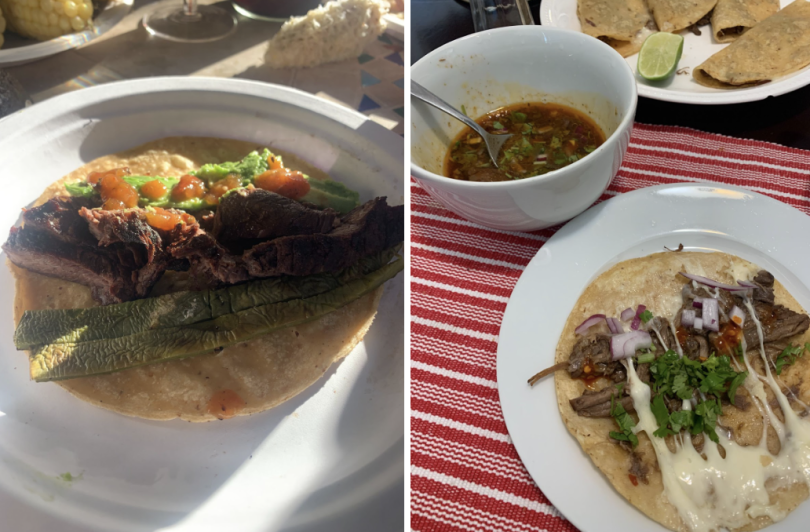 On the left is a picture of a carne asada taco on a yellow corn tortilla with nopal (cactus), avocado, and salsa roja (red salsa). On the right is a picture of my dad's amazing quesabirrias, birria tacos with melted cheese. It's topped with cilantro, onio