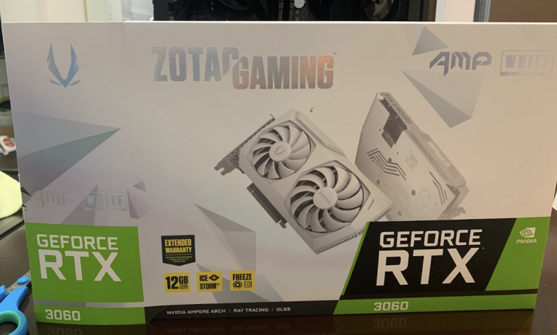 A picture of the box for the graphics card I purchased for my gaming desktop computer. It is a GeForce RTX 3060.