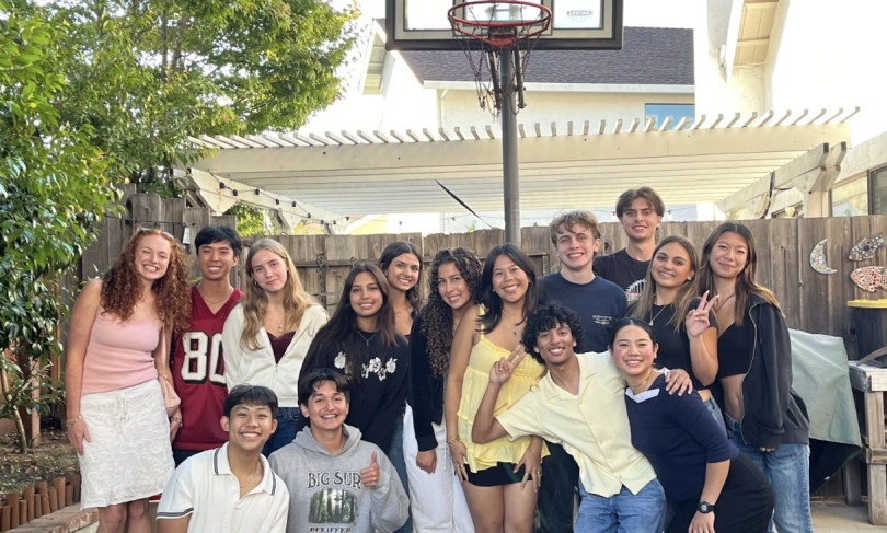 A group photo of me and all my wonderful friends from back home at our last big get-together before leaving for college. The picture was taken in a backyard. A tree is off to the left and there's a basketball hoop above our heads. I am wearing a gray hood
