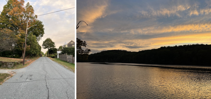 Portrait photo of the town of Hanover. There is a tree on the left with leaves that are turning orange. AND A landscape photo depicting the sunset on the Connecticut River. The sun is creating a very orange glow and the mountains are covered in shadow. 
