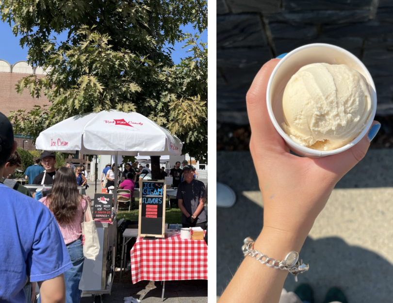 Portrait photo with leafy green tree in the background. In front it is the The Red Kite Candy umbrella which covers the ice cream bin. To the right is a red checkered cloth over a table. AND An up close, birds-eye view of Serena's hand holding ice cream