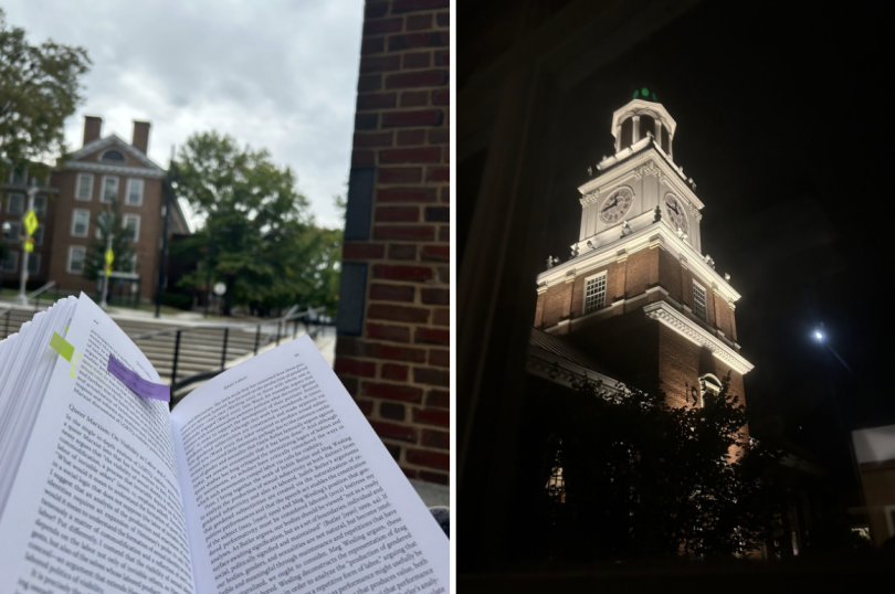 There is a book at the bottom with sticky notes along the sides. In the blurry background, there are green trees, clouds, and a brick building. Right: The front of Baker tower is illuminated in the night with the clock showing that it is almost midnight.
