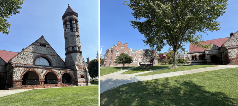 The left photo shows Rollins Chapel. The right photo shows how close Rollins is to my dorm (Wheeler)! 
