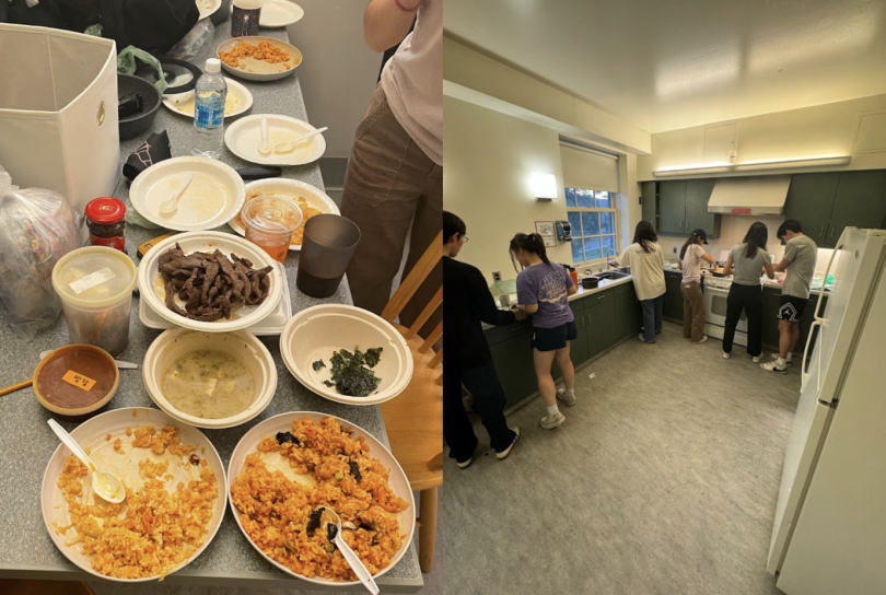 a collage of two pictures. The picture on the left shows various Korean dishes like kimchi fried rice, Samgyeopsal (pork belly), and tofu stew. The picture on the right shows 6 people standing in the communal kitchen and working separately to make food. 