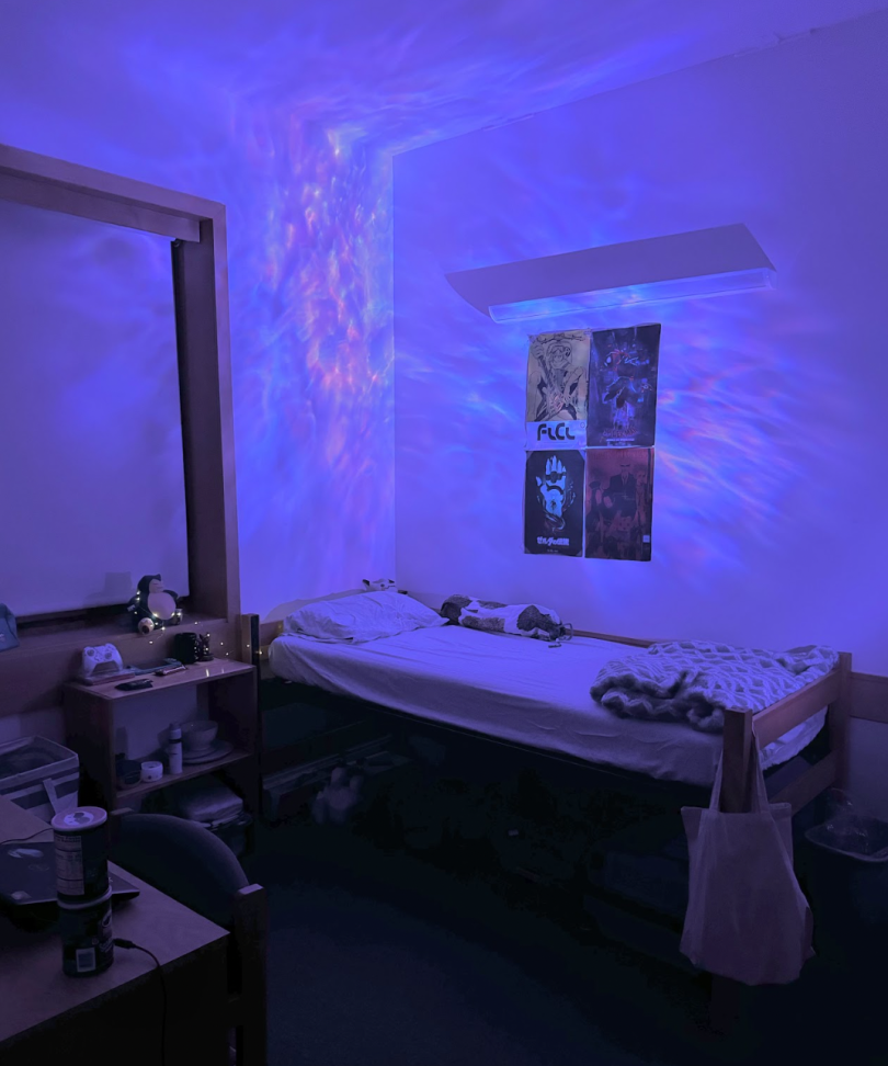 Picture featuring a first-year dorm at North Park. There's a bed visible as well as a desk and other personal belongings such as decorations, fairy lights, and a galaxy projector.
