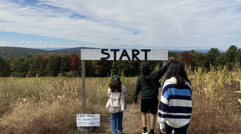 Dezstany, Wica, and Hannah walk into the entrance of the corn maze labeled "START" on a white sign with black lettering. Wica's hand is outstretched to touch the sign.