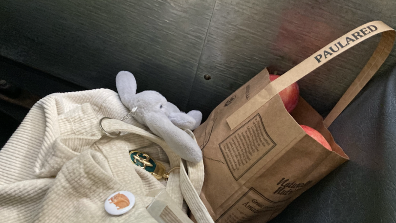 Two bags are in frame. On the right is a brown paper bag of apples, on the left is a cream-colored tote bag decorated with keychains and pins.