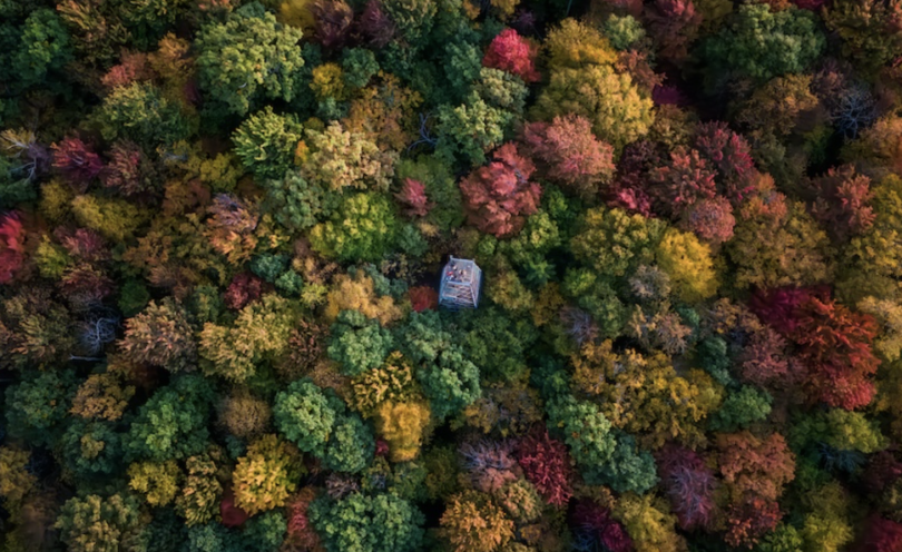 A drone image of Gile Mountain with fall foliage