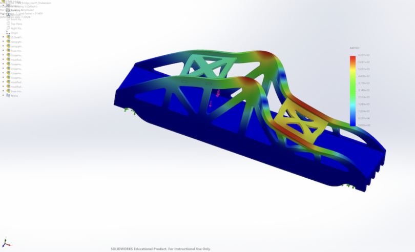 An image of a scaled model of a bridge on SOLIDWORKS with the canopy buckling.