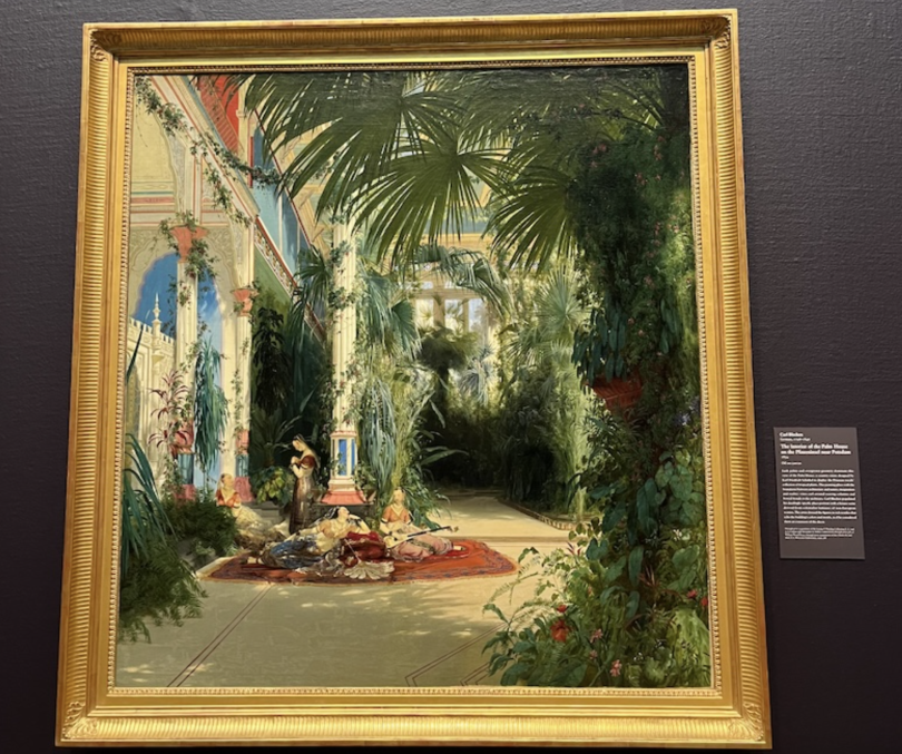 An image of a painting that depicts a large greenhouse with plants inside.