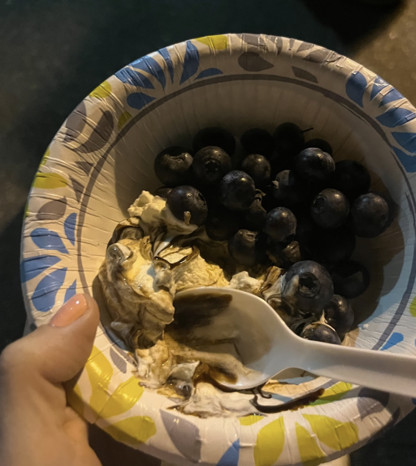 A bowl of ice cream and blueberries is half eaten.