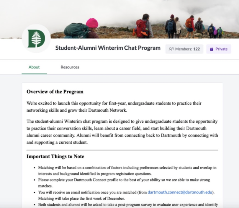 A computer screen that reads "Student-Alumni Winterim Chat Program" and an overview of the program.