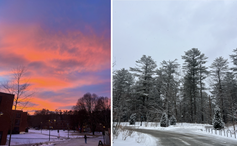 A photo of the most gorgeous sunset I've ever come across while here and a photo I snapped on the way to class in the morning. It feels like walking in a winter wonderland!