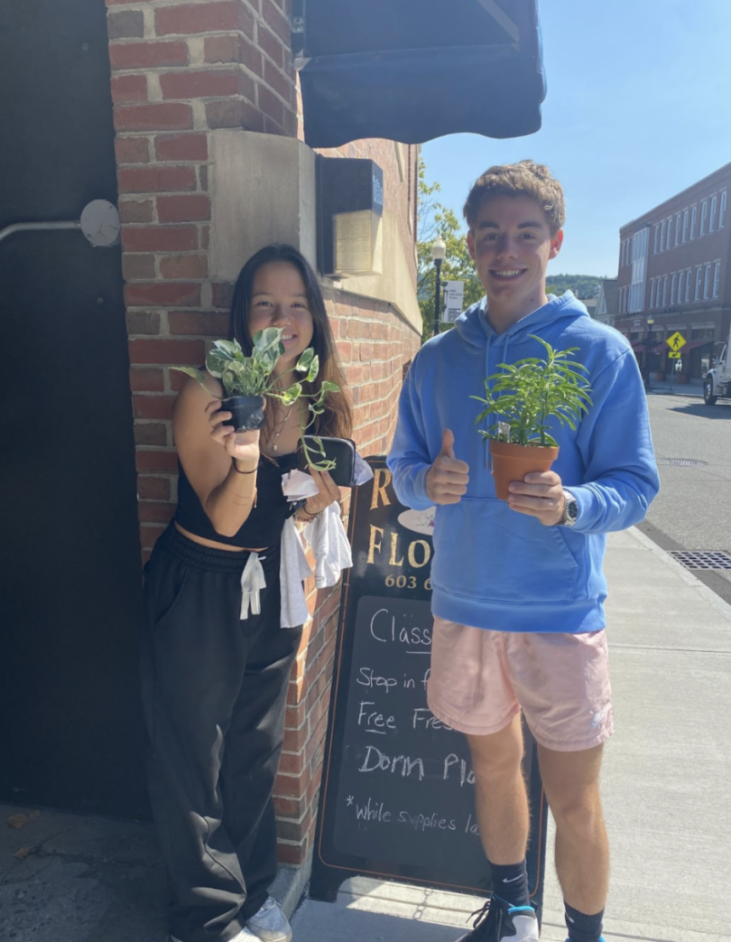 Two friends smiling and holding plants
