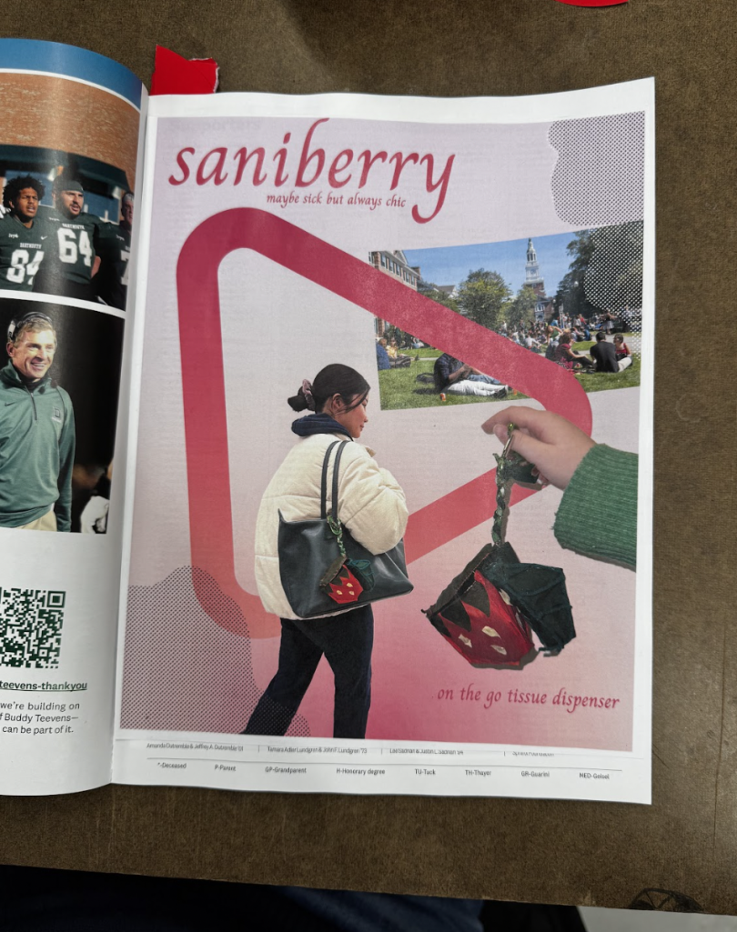 Image featuring a catalog promoting the carrying device. The catalog features an image of the carrying device and an example of how it's carried around campus.