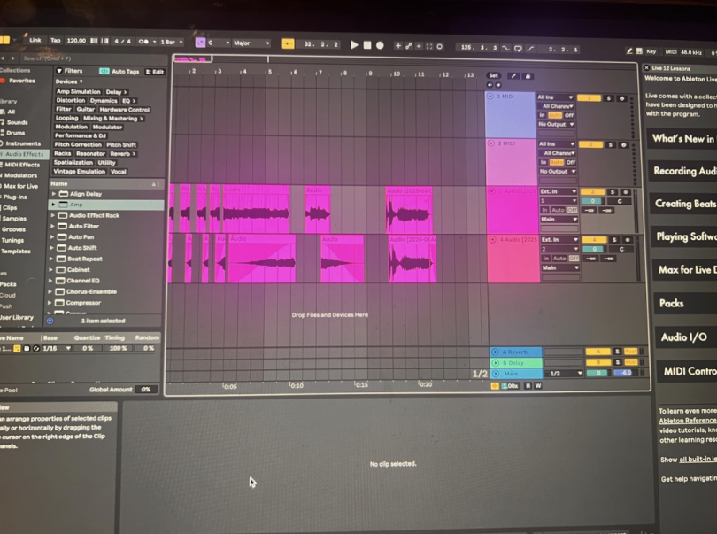 Ableton Live interface showing layered audio and tracks coded in pink.