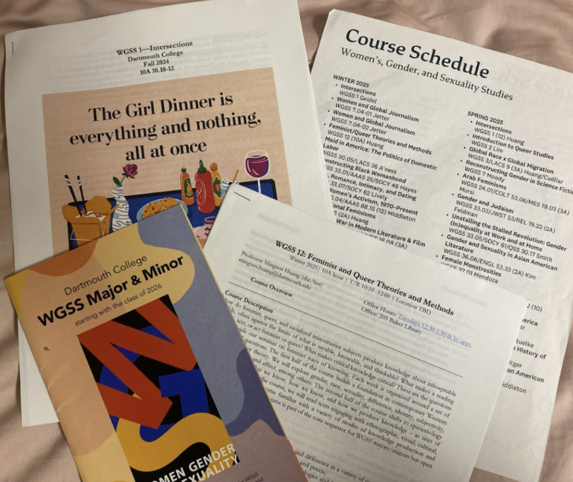 Dartmouth College WGSS (Women, Gender, and Sexuality Studies) Major & Minor brochure and related course schedule and syllabus documents spread out on a surface.