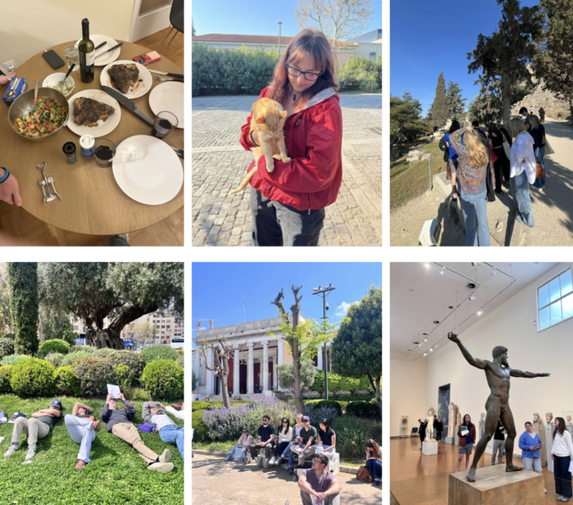 a grid with 6 pictures all depicting students in Greece