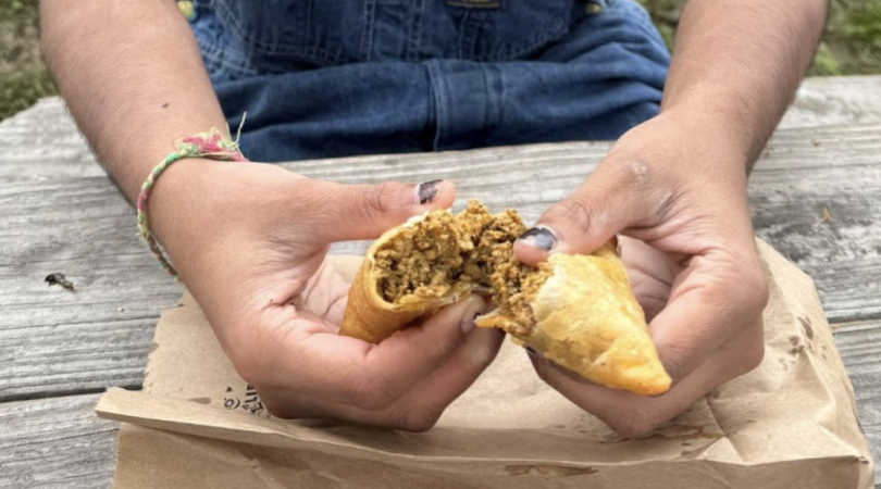 A samosa being split in half, its fillings—consisting of chicken, various spices, and cheese—are exposed.
