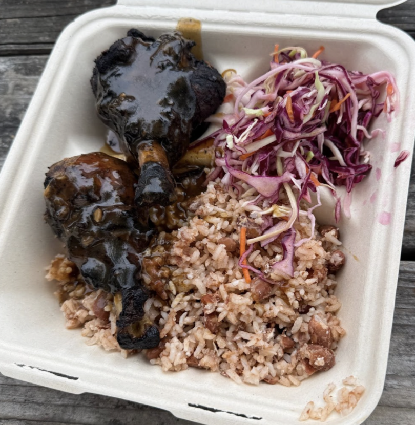 A fabulous platter of rice, radish, and smoked chicken drumsticks covered in a reduced, rich sauce.
