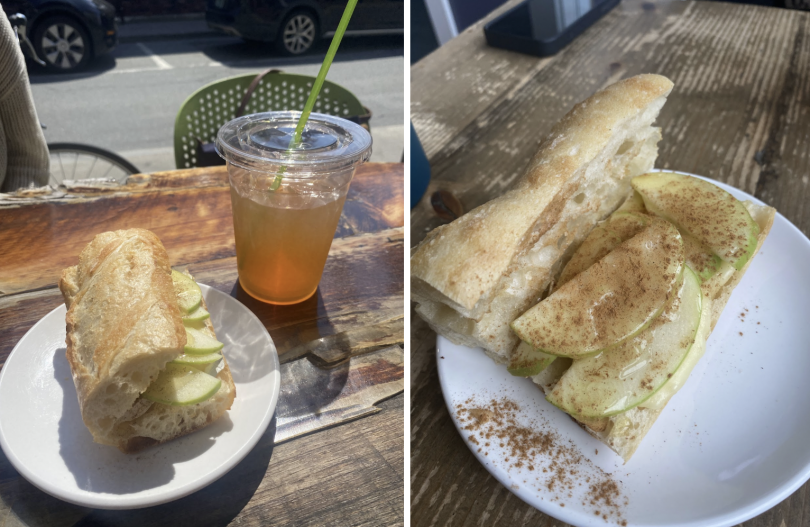 Left: An apple sandwich on a white plate paired with an iced drink in a clear plastic cup, enjoyed outdoors on a sunny day, Right: A crusty sandwich filled with thinly sliced green apples, drizzled with honey and dusted with cinnamon, served on a small wh