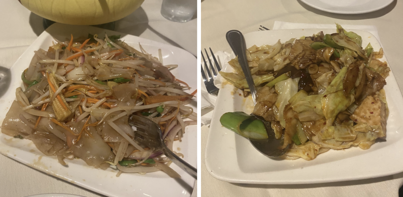 Left: A plate of stir-fried flat rice noodles with bean sprouts, carrots, baby corn, and other mixed vegetables in a light soy sauce, Right: A savory stir-fry of cabbage, pork, and green peppers coated in a rich, slightly spicy brown sauce.