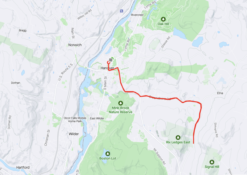 Map of a run on Lebanon St. and Greensboro Rd. NH