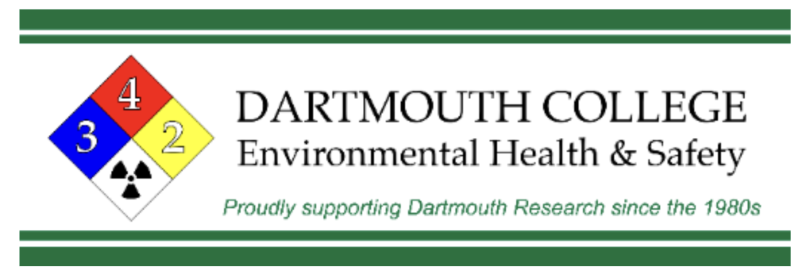 A logo of the Dartmouth College Environmental health and safety office, it includes the international hazard symbol, which describes the risks associated with a given material.