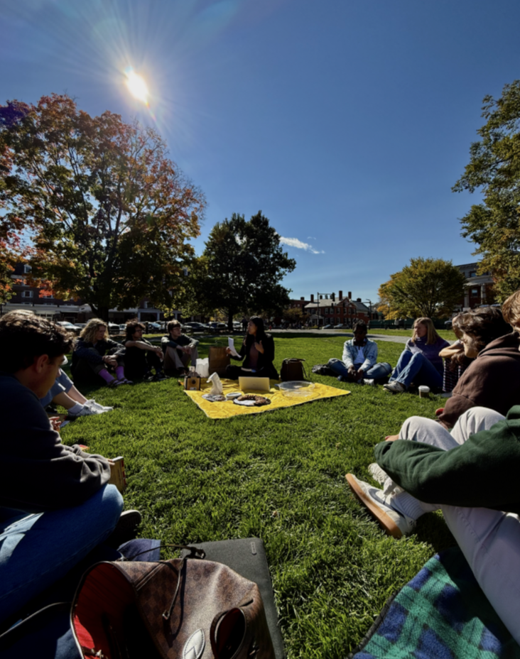 A group of people sitting in a circle on a patch of grass on a sunny day.