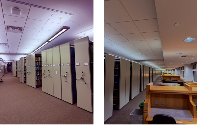 stacks of books surrounded by tables and booths.