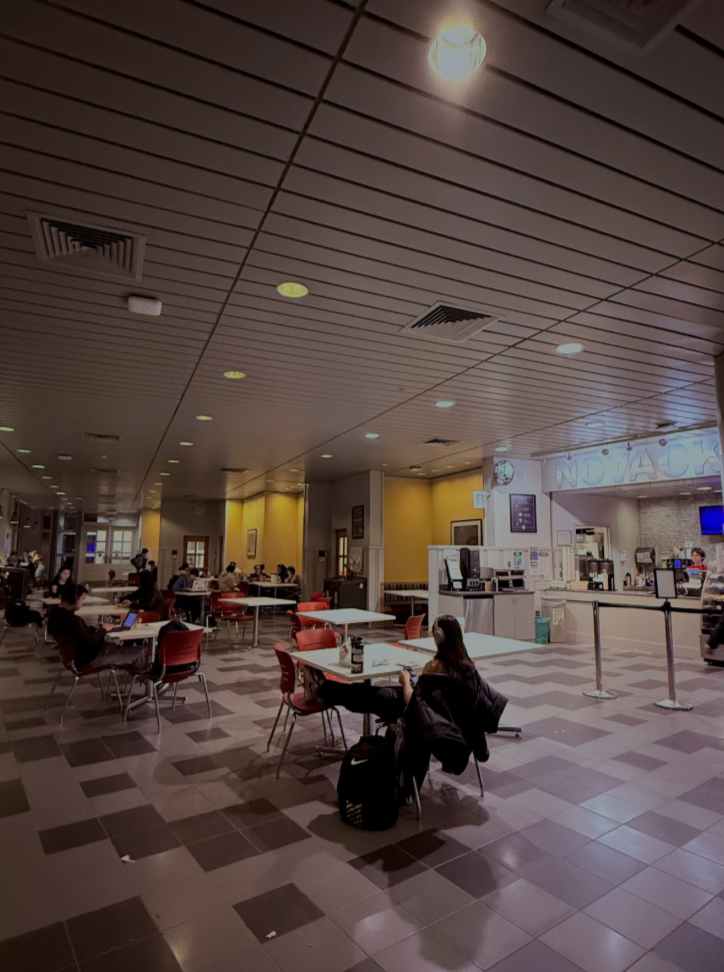 a cafe with tables and chairs where students can study.