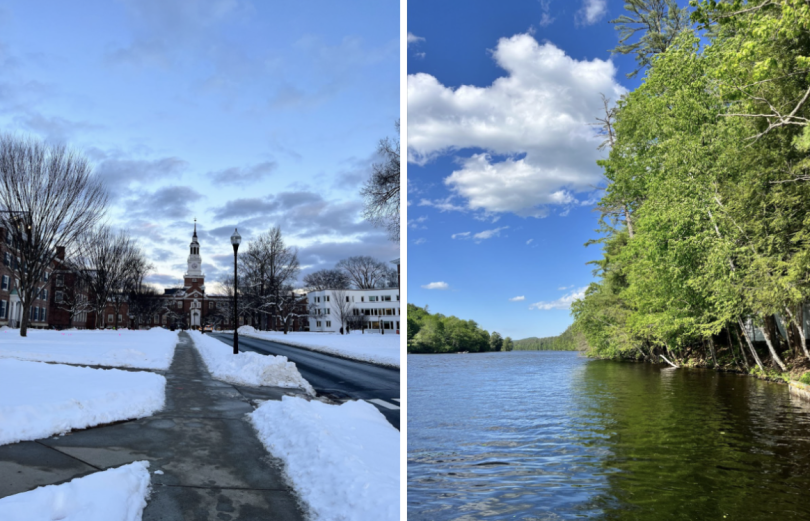 Photo on left: Tuck Mall on a snowy winter evening featuring Baker Tower with light blue with clouds. Photo on right: The Connecticut River on a sunny afternoon in summer. The trees by the water are bright green, the sky is blue with white clouds