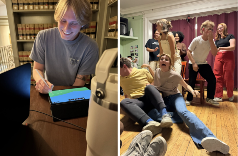 Left photo: My friend Caden drawing on his iPad while sitting in the library. Right photo: The Dog Day Players Improv group performing at a sorority on campus. All of the members are laughing, and two are sitting on the floor in the middle of a skit.