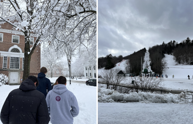 Left photo: Four people walking in the snow outside of Sanborn Library. There is a lot of snow on the trees. Right photo: A lift at the Dartmouth Skiway, pictured from far in the distance.