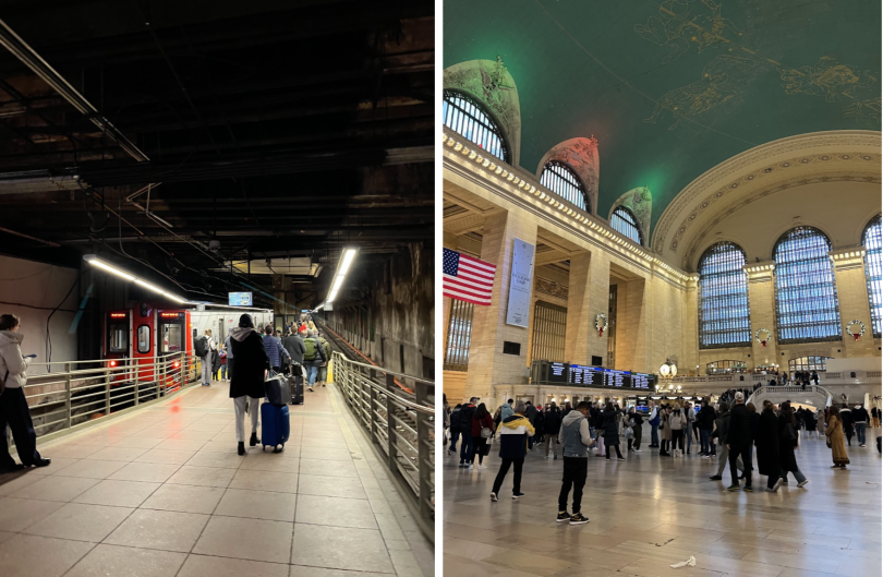 A dark ceiling in above while people walk down a tiled walkway with their wheeled luggage beside them. The train is waiting on the left. Photo of a domed aqua roof over a spacious room. People are milling about.