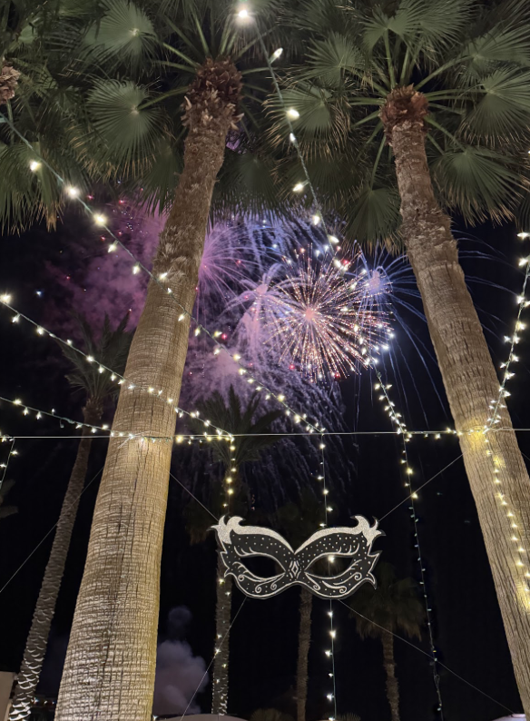 An upward tilted photo with palm trees reaching high into the ski and blue and purple fireworks exploding above