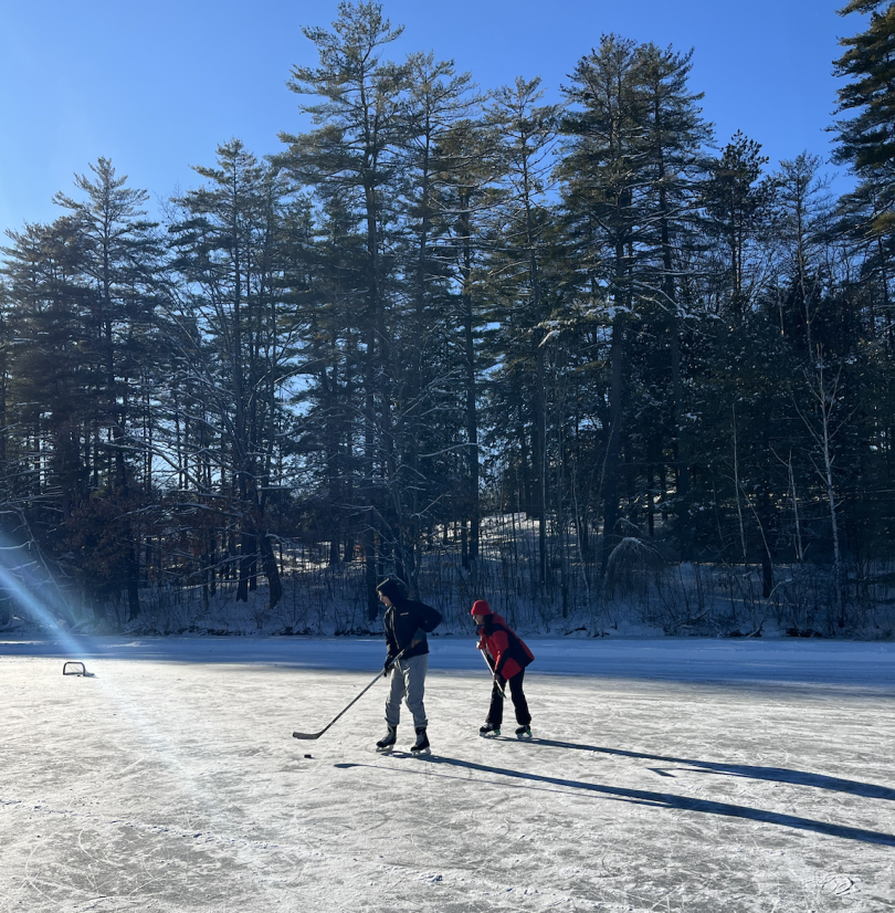 A girl in a red jacket and black pants is skating on a frozen pond and holding a hockey stick. A boy wearing a black hoodie and gray sweatpants is doing the same. In the background, there are tall green snow-capped trees and a blue sky.