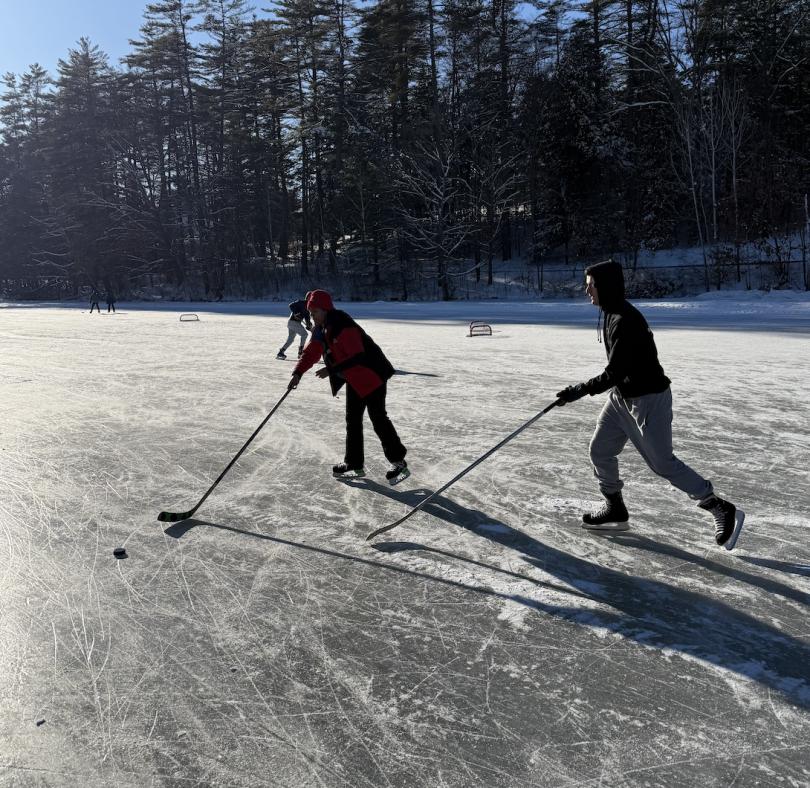 A girl in a red jacket and black pants is skating on a frozen pond and holding a hockey stick. A boy wearing a black hoodie and gray sweatpants is doing the same. They are both reaching for a puck with their respective hockey sticks.