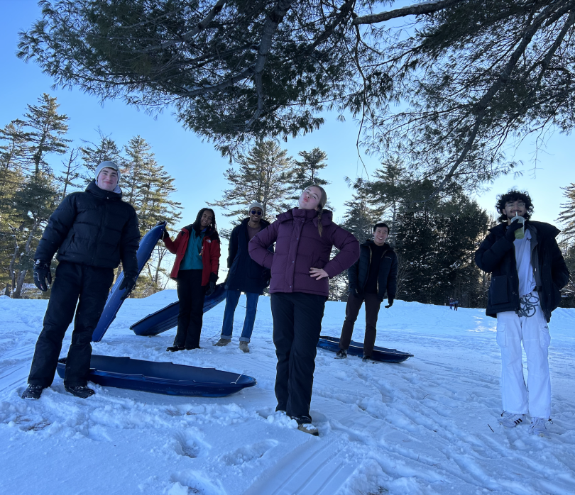 Six people are standing under a tree on a snowy hill. They are holding long blue sleds, and the man on the far right is having a drink cup.