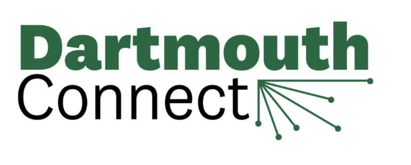 The word "Dartmouth" is bolded in forest green and lies above "Connect," written in a thin black script. Next to the word "connect," there are six green lines that fan out to look like spokes. The background behind the text is white.