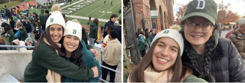 Photo on the left shows my friend and I posing at the football stadium right above the endzone. Photo on the right is a photo of my friend and I walking outside of the stadium!