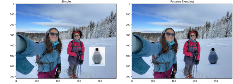 two pictures, side to side, the first one shows Kalina and a friend of hers on a snowy slope with snowy trees in the background, plus a picture of a penguin, the second one shows Kalina and her friend and the penguin is seemingly part of the picture