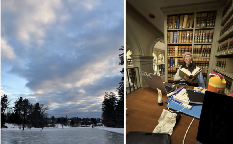 left side photo is a blue and purple vibrant sunset over Occom pond. right side photo is Serena sitting at East Reading Room laughing with a pile of books on her desk