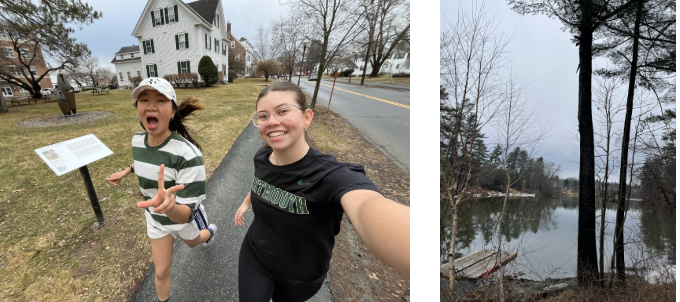 Left photo is a .5 picture of Serena and a friend running down a sidewalk; the sky is gray and bare trees surround them. Right side is a vertical photo of a pond with trees in the foreground. it's a cloudy day.