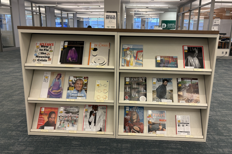 Two white short bookcases with three shelves each sit in the middle of the photo. Each shelf has three magazines visible on it.