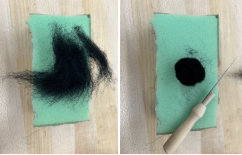 felt on a Styrofoam block being formed into a ball